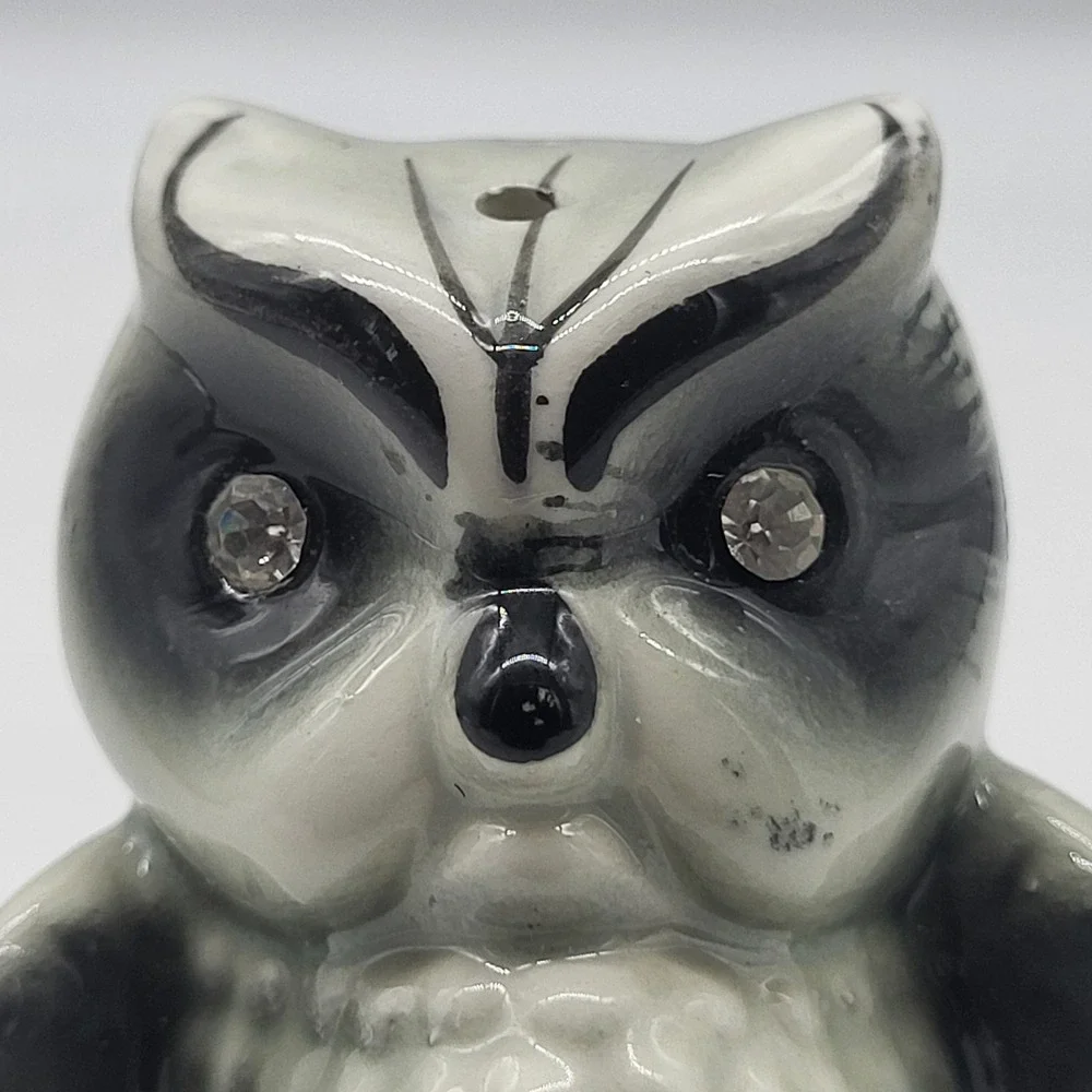 Vintage Enesco Japan MCM Owl Salt Pepper Shakers Gray Black Rhinestone Eyes